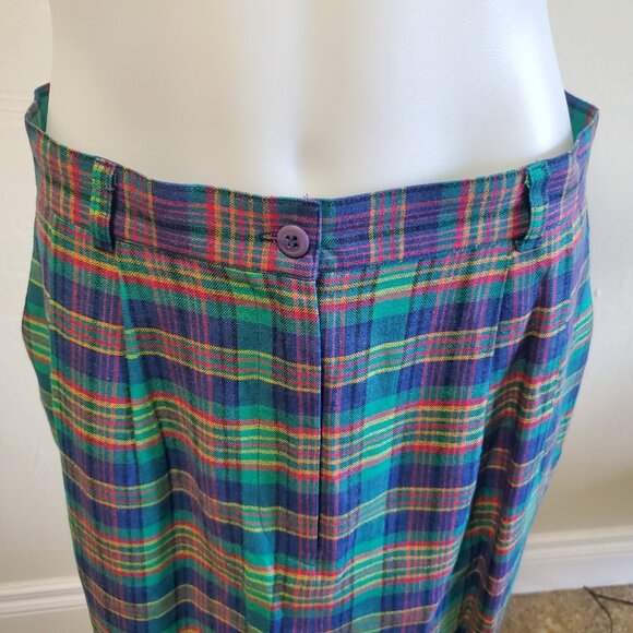 Vintage 90s Talbots Size 14 Linen Green Blue Clueless Preppy Plaid Pencil Skirt - Picture 3 of 12